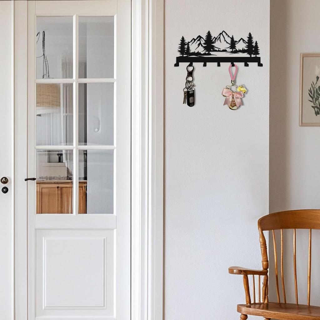 Key Holder Wall Mounted Key Hooks, Black Metal Key Rack Hooks, The Great Grove, Mountain Theme Wall Decoration Hooks, with 7 Hooks, Applicable to