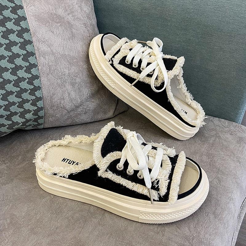 Женские парусиновые тапочки на плоской подошве 2024 года, новые женские повседневные туфли на шнуровке, женские модные тапочки на платформе, женские джинсовые пляжные сандалии с открытым носком