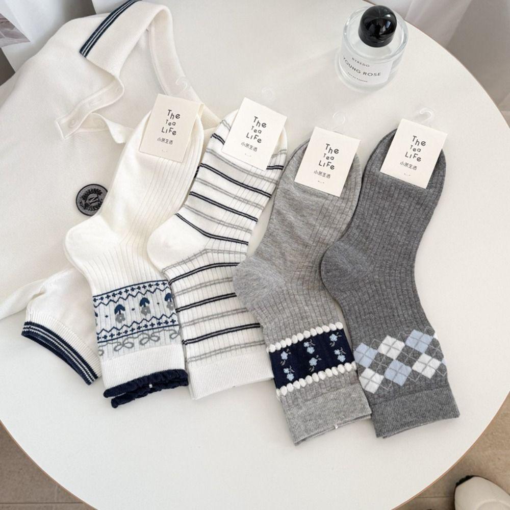 New Korean Style Cotton Socks Small Flower Light Mid-calf Socks Grey Checkered Breathable Boneless Pile Socks Spring Summer
