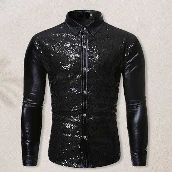 Однобортная облегающая сценическая рубашка с длинными рукавами и лацканами, Мужская рубашка с блестящими пайетками, рубашка для сценического шоу, уличная одежда