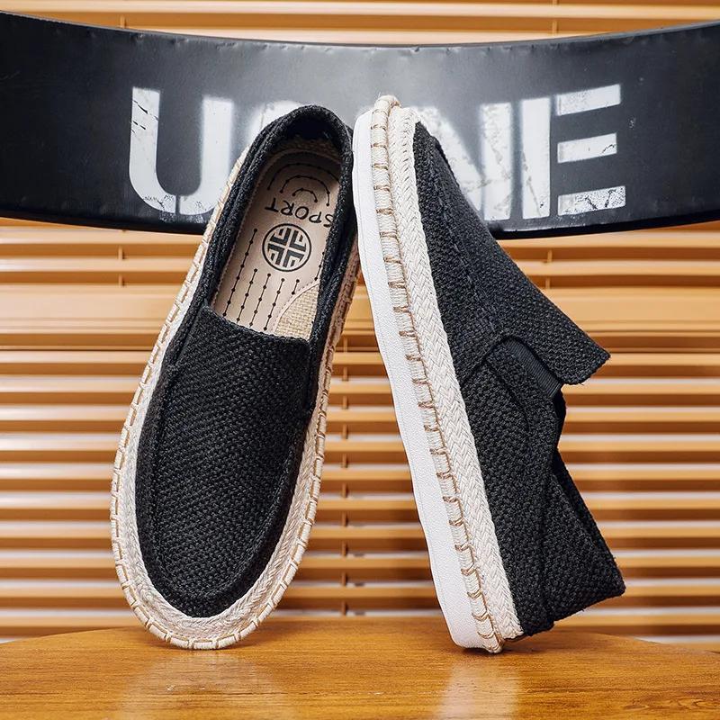 Мужская льняная повседневная обувь Простые дышащие слипоны Лоферы Плоские туфли рыбака