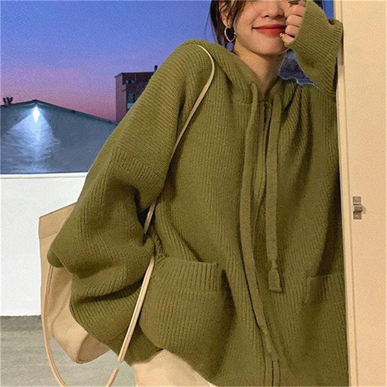 Ленивый ветровой свитер женский дизайн чувство новый осень и зима корейская верхняя одежда с капюшоном и длинными рукавами вязаный кардиган топ прилив