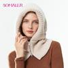 Women Winter Wool Knit Hood Hat Thick Warm Balaclava Neck Warmer With Zipper Female Fashion Snow Beanie Cap