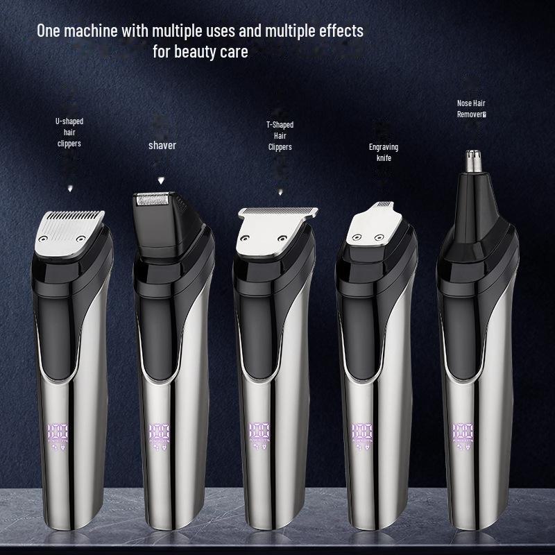 Электрический набор для ухода за мужчинами: 5-в-1 машинка для стрижки волос и бакенбард, триммер для носа и бритвенный набор.