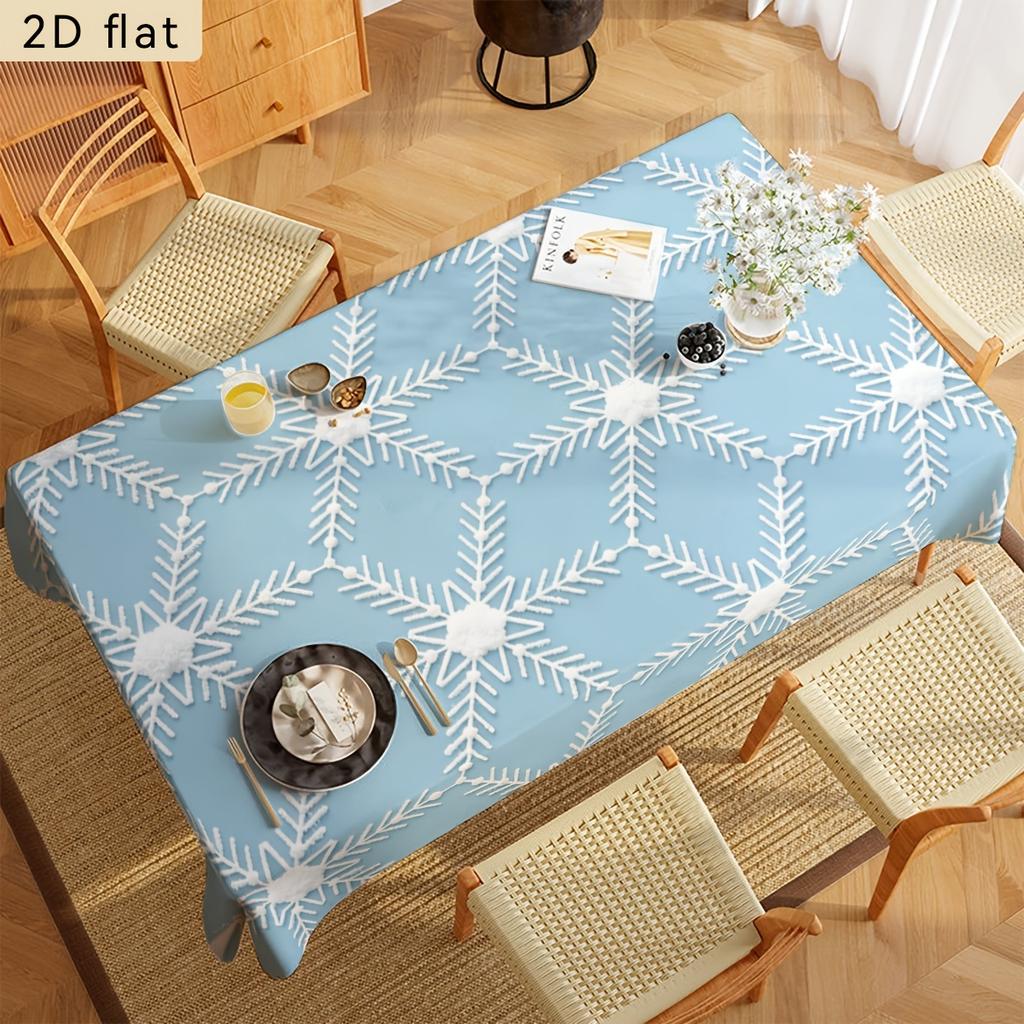 2D Flat Banner 1pc Light Blue White Snowflake Pattern Tablecloth, 2D Plane Kitchen Table Rectangular Decor, Party Tablecloth Home Decor, Suitable for