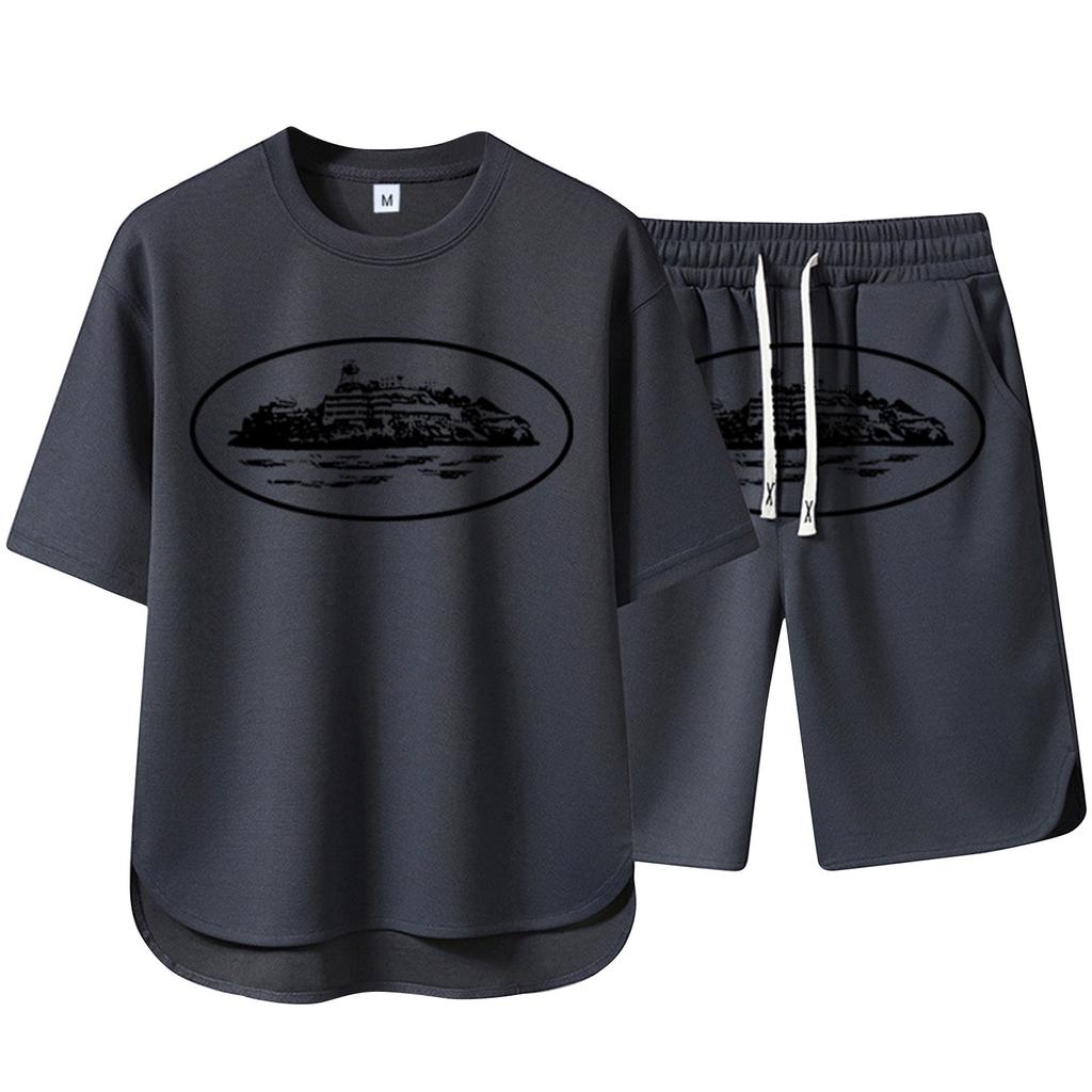 Men's Summer Solid Color Printed Short Sleeve Round Neck T-Shirt Shorts Set