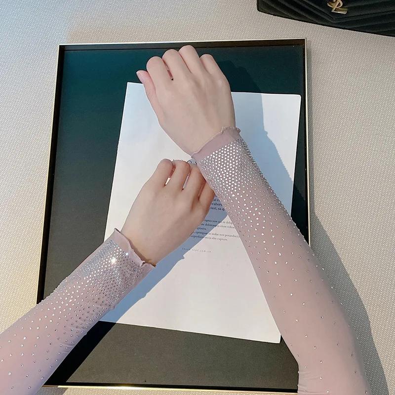 Летние тонкие высокоэластичные нарукавники без пальцев с блестками от солнца для женщин, для вождения, из ледяного шелка, длинные перчатки, для вождения на открытом воздухе, от солнца