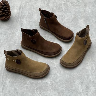 Женская винтажная обувь, короткие ботинки на плоской подошве, натуральная кожа, ретро-обувь, ручная работа, круглый носок, однотонные ботильоны