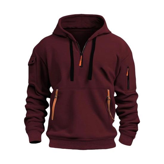 Men Fall Winter Hoodie Solid Color Drawstring Long Sleeves Half Zipper Arm Pocket Strap Decor Hooded Loose Daily Wear Casual Sport Top