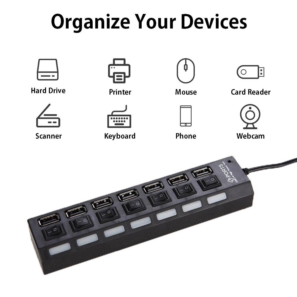 7 Ports USB Hub Splitter with On/Off Switches Long Cord for Laptop Desktop PC Computer Data Transfer