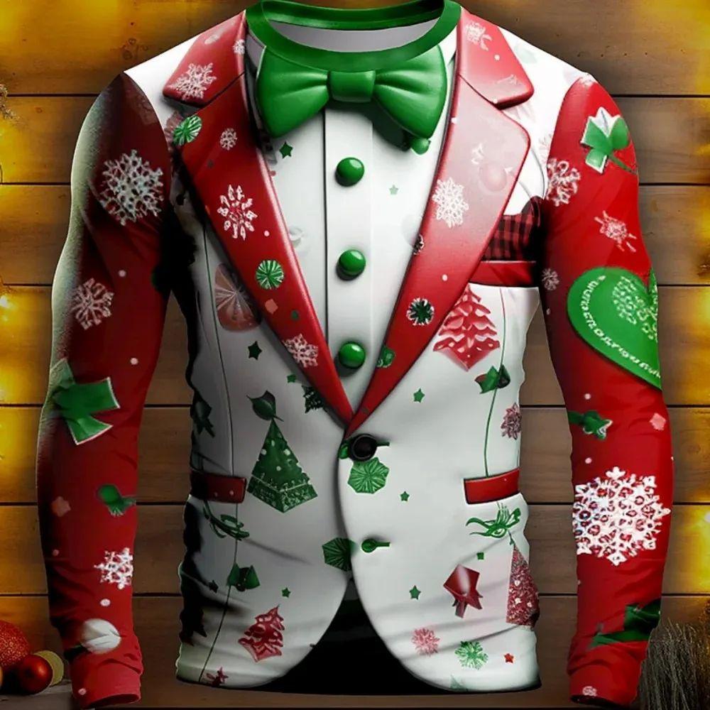 Man Business Christmas Party Series Fake Suit Fashion Interesting 3d Printed Long Sleeve Crew Neck Trend Plus Size Clothing