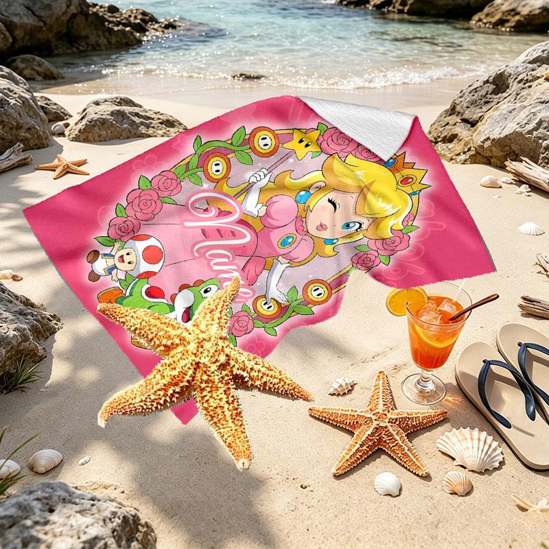 Custom Name Personalized Princess Peach Toadstool Print Beach Towel, for Trip Camping Beach Party Home Decor, Birthday Gift for Family & Friends