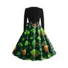 Women's Vintage Classic Dress Long Sleeve St. Patrick's Day Print V-neck Swing Dress