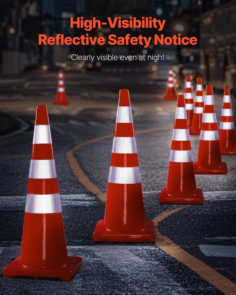 Safety Cones Traffic Cones 6 x 36" Orange Reflective Collars Road Cones