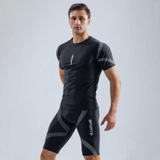 2 шт./компл., мужской купальник со средней посадкой и круглым вырезом с коротким рукавом и принтом, облегающая футболка, комплект для плавания, пляжная одежда