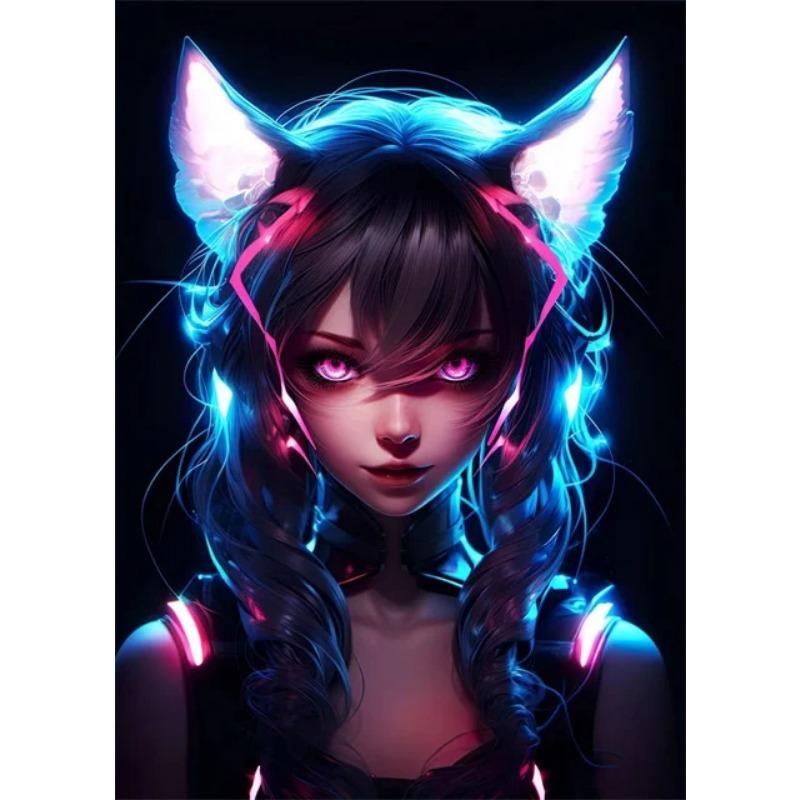 Неоновые аниме-кошки-девушки, постеры, принты, картины на холсте, манга, неоновые картины на холсте для современного дома, спальни для девочек, игровой декор
