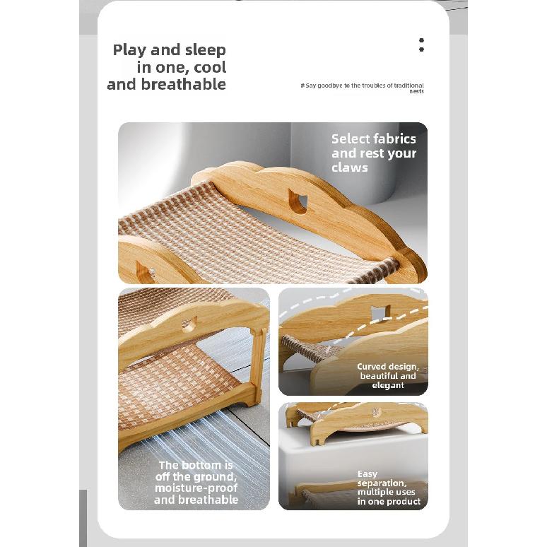 Double Layer Cat Bed Mortise Tenon Detachable Easy Assembly Wear-Resistant Elevated Cat Nest Wooden Furniture Breathable Cushion