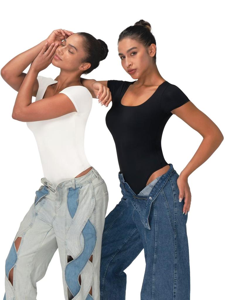 Women's Short Sleeve Bodysuits Double Lined Thong Body Suit Shirt Scoop Neck Going Out Tops Casual Tight Leotards