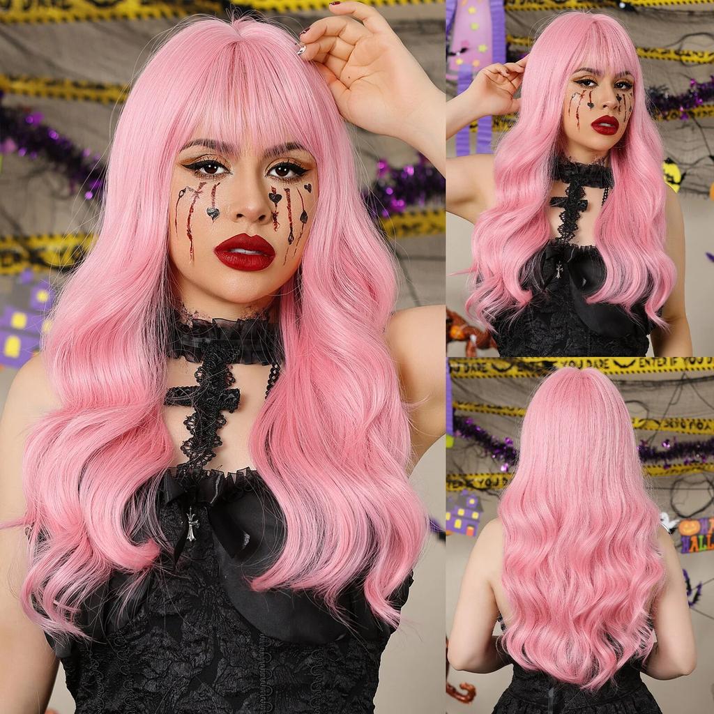 Длинные объемные волнистые синтетические парики, черный, фиолетовый, розовый, омбре, светло-персиковый розовый парик для женщин, повседневная вечеринка, косплей, термостойкий
