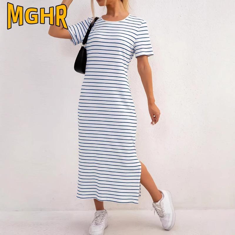 MGHR Женские модные летние весенние платья с круглым вырезом, коротким рукавом, однотонные, с принтом, повседневные