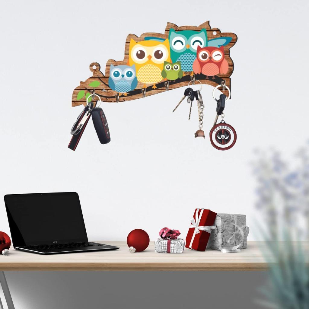 Premium 'Owl Family' Decorative Wooden Printed Key Holder for Home Decor Key Hangers Keychain Holder Key Stand & Key Holder(25 Cm, 6 Hooks)
