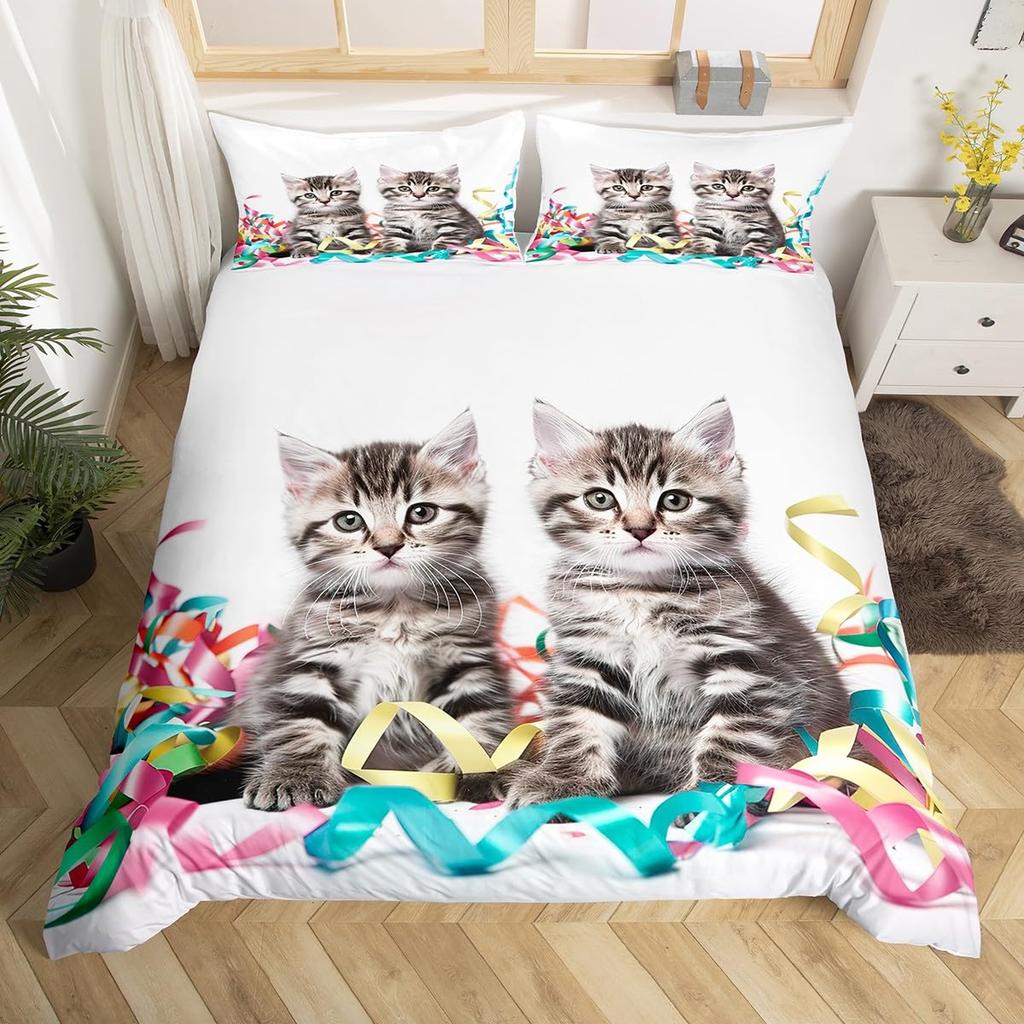 Kawaii Cat Duvet Cover Pink Bowknot Kitten Bedding Set Sweet Pet Animal Comforter Cover Princess Bow Girly Polyester Quilt Cover