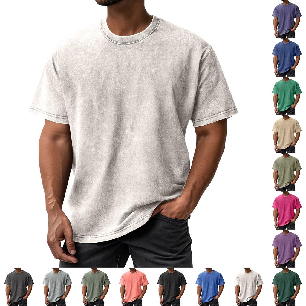 Men's Summer Retro Washed Round Neck Distressed Top Loose Short-sleeved T-shirt