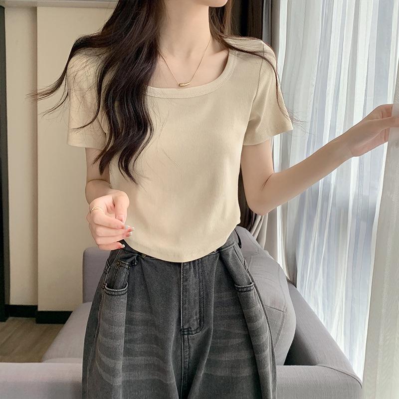 Футболка с короткими рукавами для женщин, подшитый воротник, летний подол, изогнутый дизайн, короткий топ в стиле Hot Girl Petite