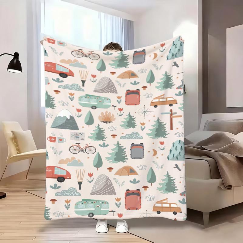 Beige Background Camper Van Pine Tree Happy Camping Fleece Blanket For Rustic Bedroom Decor Soft Warm Throw Blanket Wrap