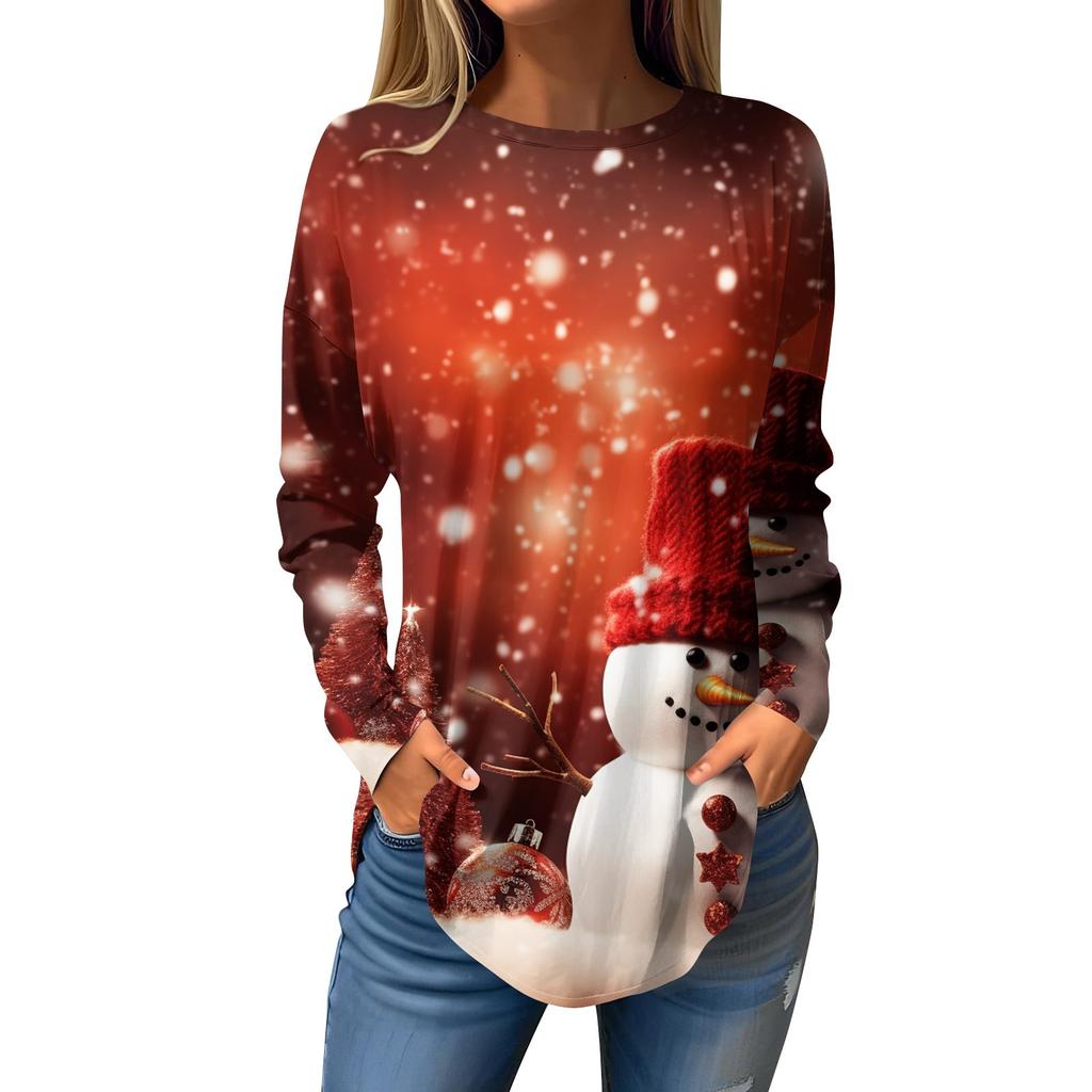 Женская свободная футболка с круглым вырезом и рождественским принтом, длинный рукав, пуловер, толстовка с длинными рукавами