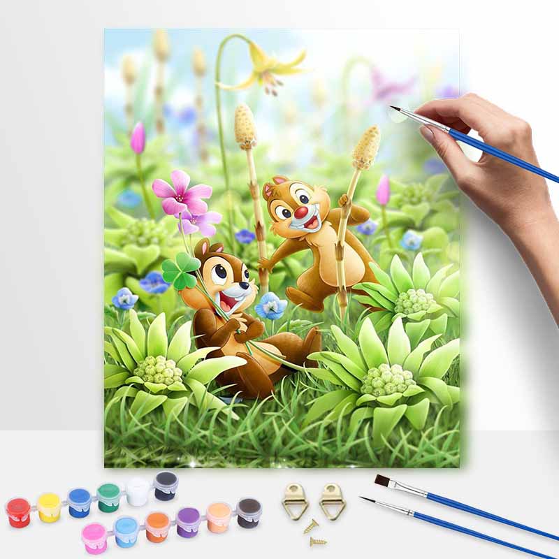 Disney Цифровая живопись DIY, масляная живопись, Чип и Дейл на цветочном лугу, ручная роспись, настенное искусство для гостиной или прихожей.