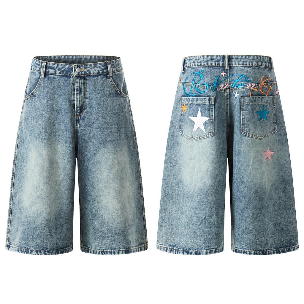 ZYLLO Summer New Vintage Denim Shorts American Style High Street Fashion Cracked Print Washed Design Five-Point Pants Stree