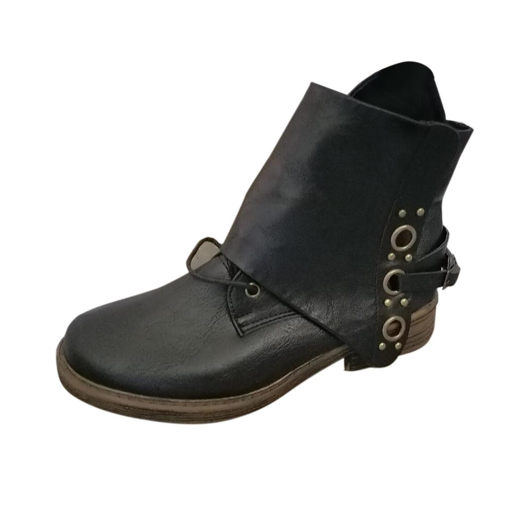 Women Leather Buckle  Boots Heel Boots Large Size Side Zipper Casual Shoes