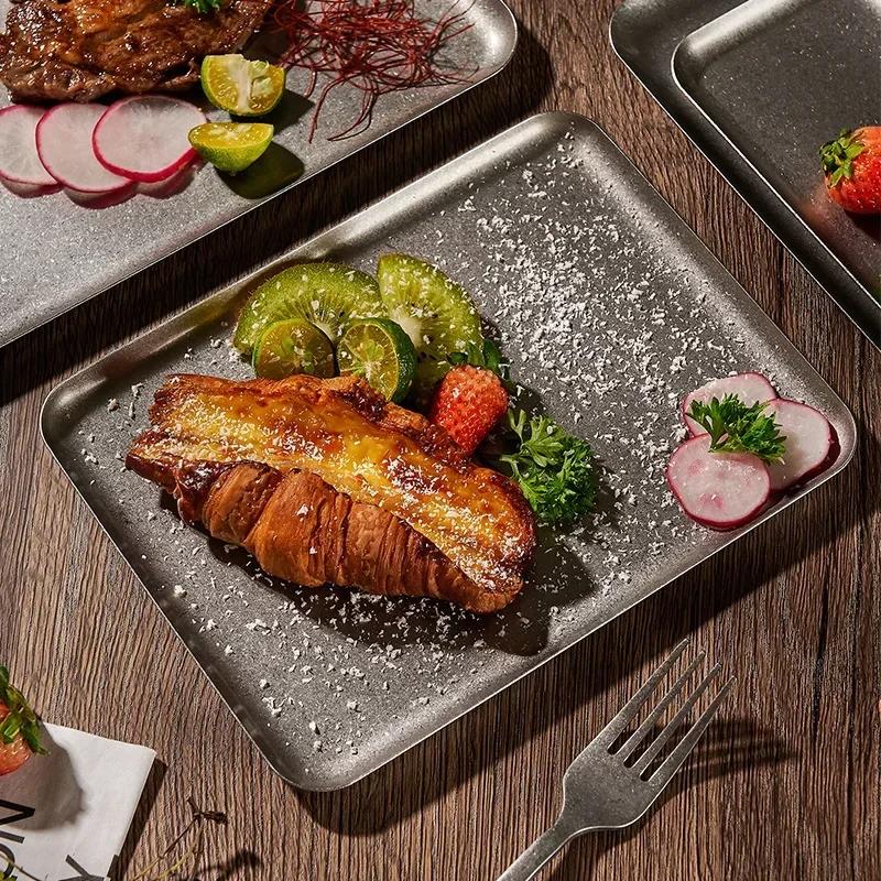 BEPAN Retro 304 Stainless Steel Antique Square Steak Tray Creative Restaurant Display Dessert Barbecue Plate