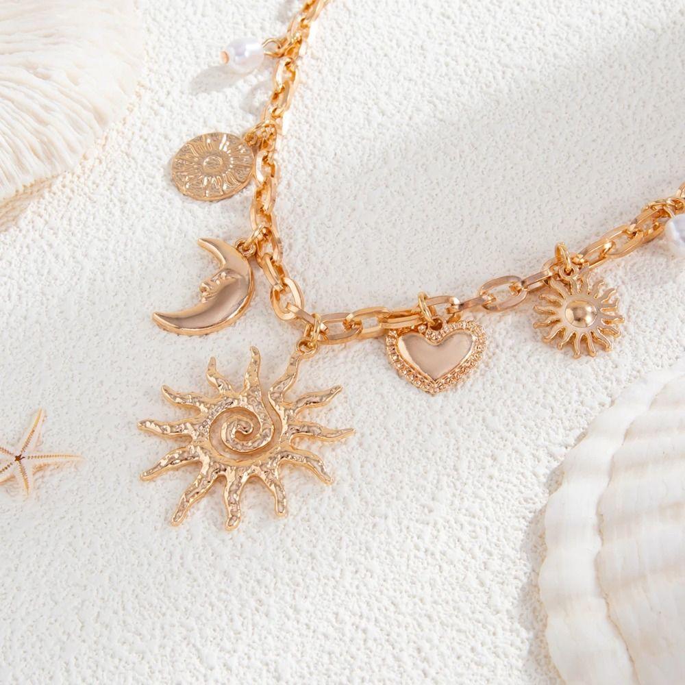 Fashion Chains Choker Heart Exaggeration Necklace Trendy Sun Moon Pendant  Beach