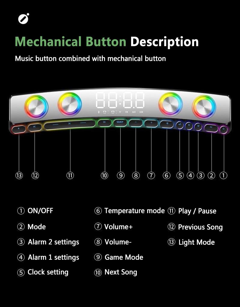 Bluetooth Беспроводная игровая колонка, звуковая панель, светодиодный 3D-стерео сабвуфер, AUX FM, домашние часы, комнатная звуковая панель, компьютерный громкоговоритель, 3600 мАч