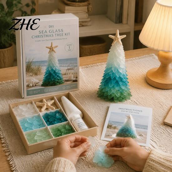 Beach Theme Home Decorations DIY Sea Glass Christmas Tree Art Kit, 3D Coastal Xmas Craft Kit Shards with Pieces, Handmade Beach-Themed Holiday