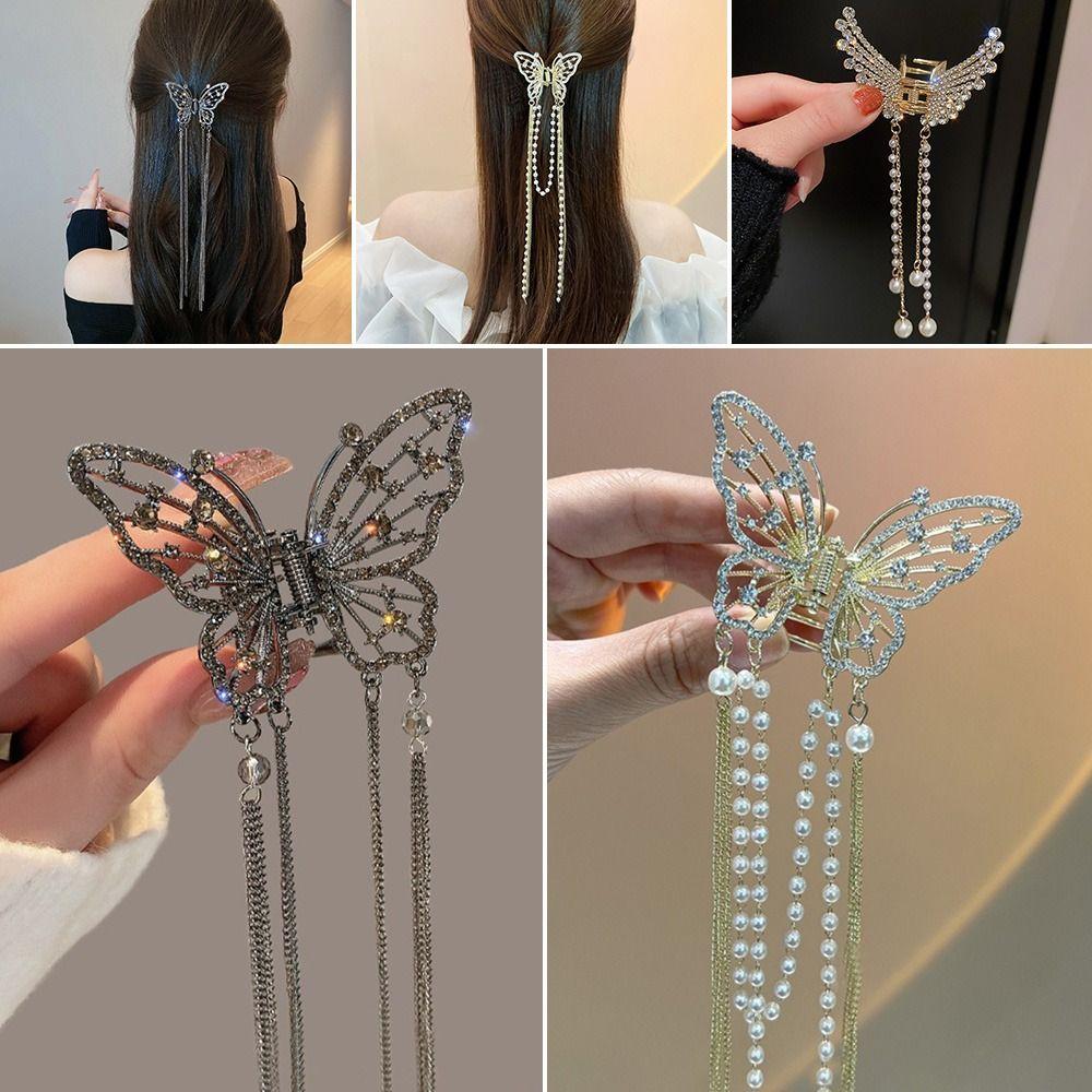Headwear Simple Elegant Hair Claw Butterfly Hairpin Hair Accessories Pearl Tassel Hair Clip