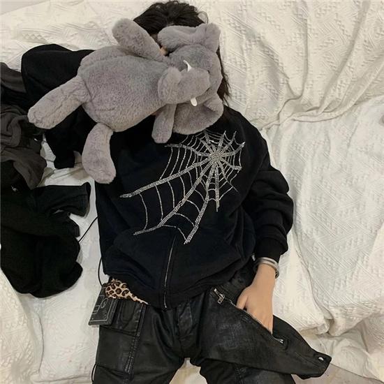 Gothic Punk Spider Web Hooded Women Fairy Grunge Dark Academia Jacket Coat Harajuku Outwear Zipper Sweatshirts Emo Alt Clothing