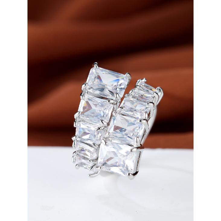European and American style, oversized, double-row, square-cut cubic zirconia open ring Rectangular stepped drill with alternating wide faces