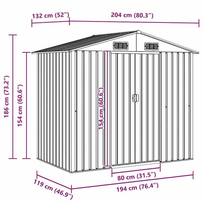 VidaXL Garden Storage Shed Metal Grey 204 X 132 X 186 Cm 42983