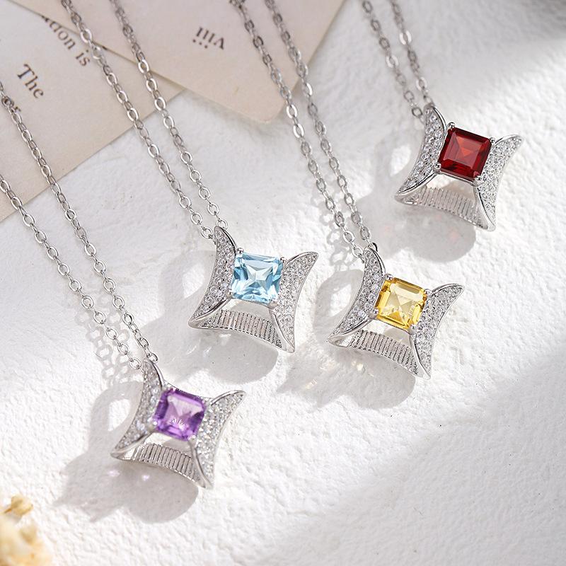 S925 pure silver natural yellow garnet necklace, square star shaped crystal pendant, luxurious jewelry with brushed craftsmanship, gift