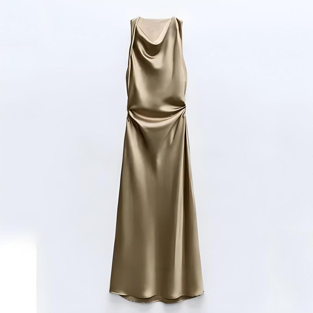 Европейское и американское женское атласное платье миди с драпировкой на талии и вырезом-капюшоном.