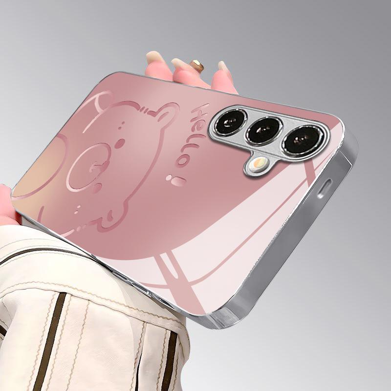 Чехол для телефона 2D с рисунком розово-коричневого мишки Тедди для Samsung S26 S25 S24 S23 S22 S21 S20 A56 A36 A16 - Стеклянная защитная крышка