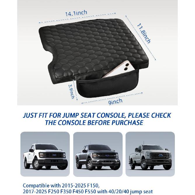 Center Console Cover Compatible With 2015-2025 Ford F150, 2017-2025 F250 F350 F450 With 40/20/40 Jump Seat, Leather Armrest Cover Middle Console