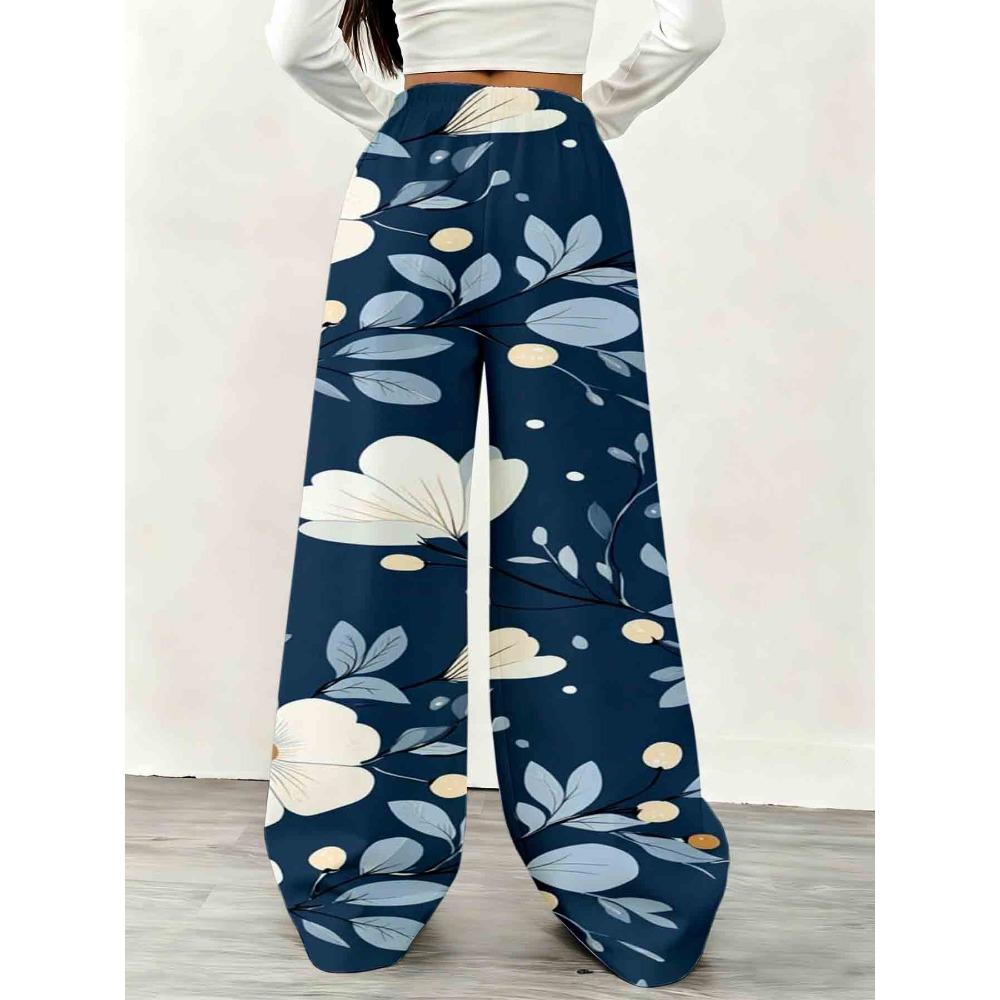 Women's casual wide-leg sweatpants, floral design, loose fit, drawstring design, with pockets