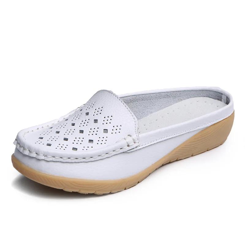 Summer New Women Wedge Slippers Leather Hollow Slip-On Loafers Vintage Casual Anti-slip Premium Slippers Moccasins Half Slippers