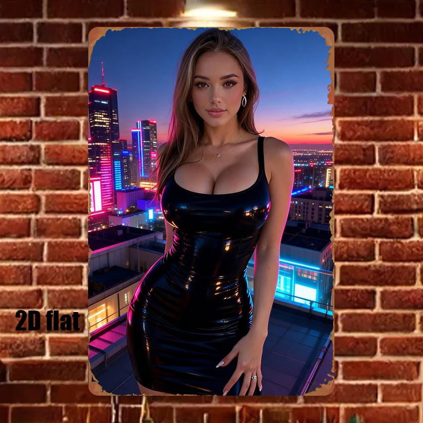 High Definition Custom Metal Tin Sign Night City Rooftop Pin Up Girl Vintage Wall Art Print Retro Decor For Man Cave Bedroom Bar