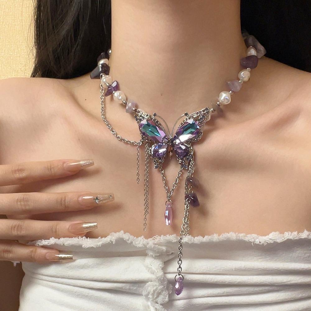 Регулируемое ожерелье-бабочка со стразами, преувеличенное женское колье-чокер с жемчугом и кристаллами для девочек