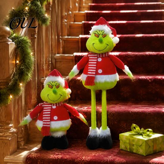 Fireplace Shelf Sitter Green Elf Christmas Plush Toy, Soft Stuffed Animal Doll with Toy Retractable Long Leg for Holiday Home Mantel Decor Polyester